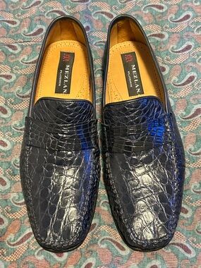 Mezlan Men's Blue Croc-Embossed Leather Penny Loafers. 100% genuine crocodile.